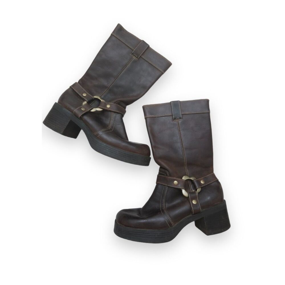 Vintage Y2K American Eagle Brown Leather Harness Boots Chunky Platform Heel 9.5